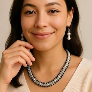 Elegant handmade Pearl and Hematite Bead Necklace - Classic White